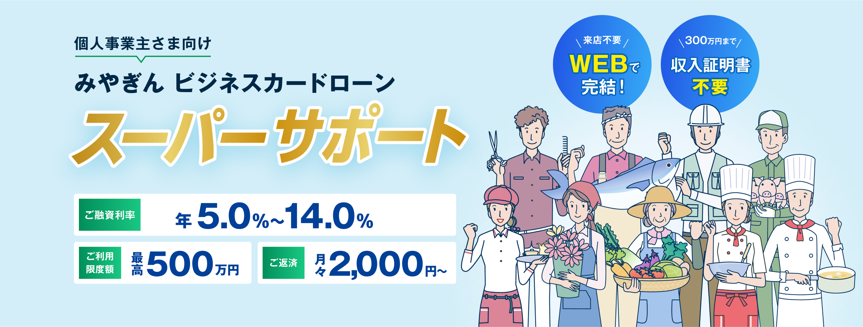 みやぎんビジネスローン スーパーサポート 個人事業主のお客さま WEBで契約完結！※当座貸越型をお申し込みの場合 法人のお客さま お電話・FAXでお申し込み可能！